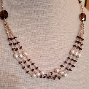 Smoky Quartz and Baroque Pearls 3 Strand Necklace on Sterling Silver